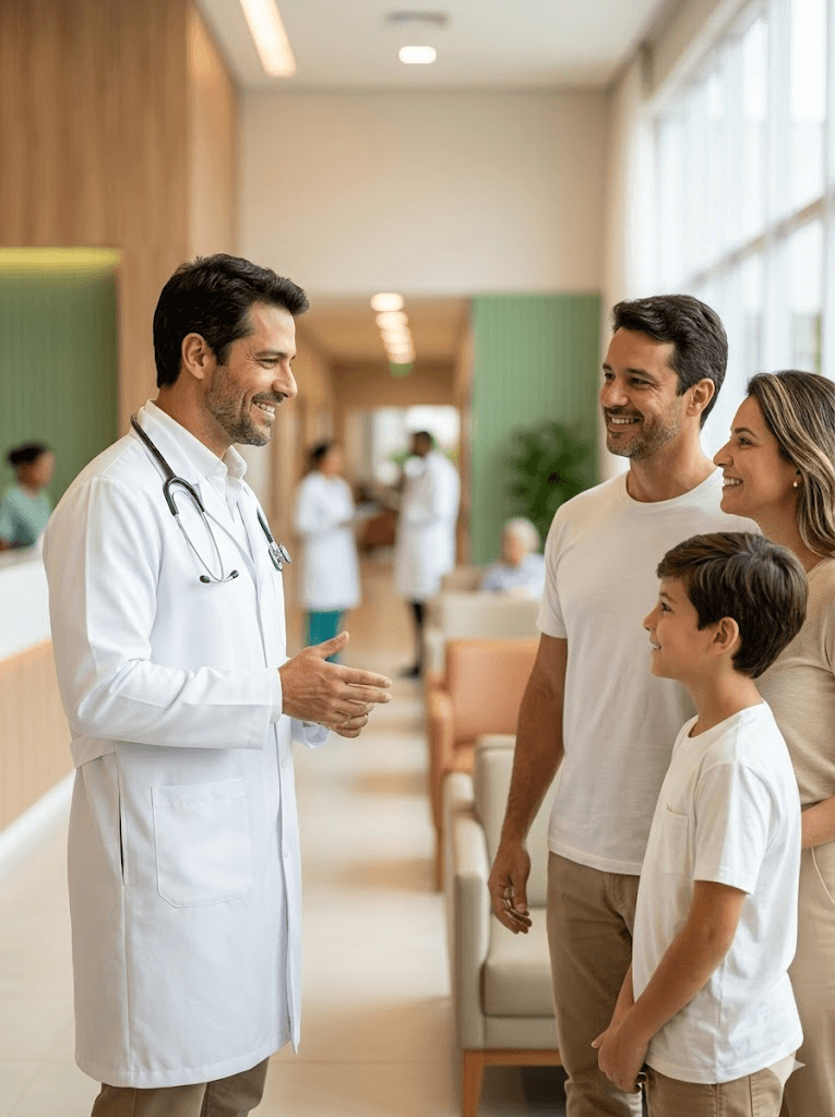 Médico atendendo família no Hospital Ana Costa